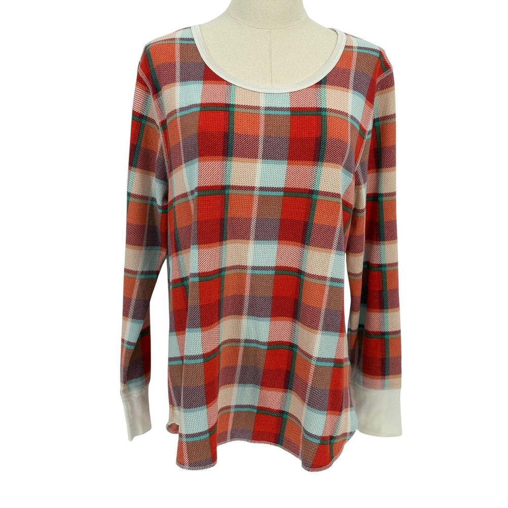 Old Navy Thermal Knit Top Red Blue Plaid Waffle Long Sleeve XL